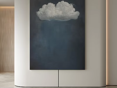 Abstract Painting Hanging On Wall With White Cloud And Dark Blue Background In Modern Interior 3d model