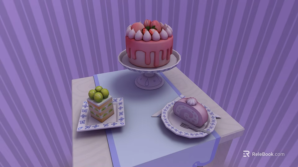 Sofa Coffee Table Set With Pink Cake Strawberry Cream And Green Fruit Platter 3d model 