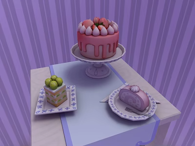 Sofa Coffee Table Set With Pink Cake Strawberry Cream And Green Fruit Platter 3d model