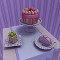 Sofa Coffee Table Set With Pink Cake Strawberry Cream And Green Fruit Platter