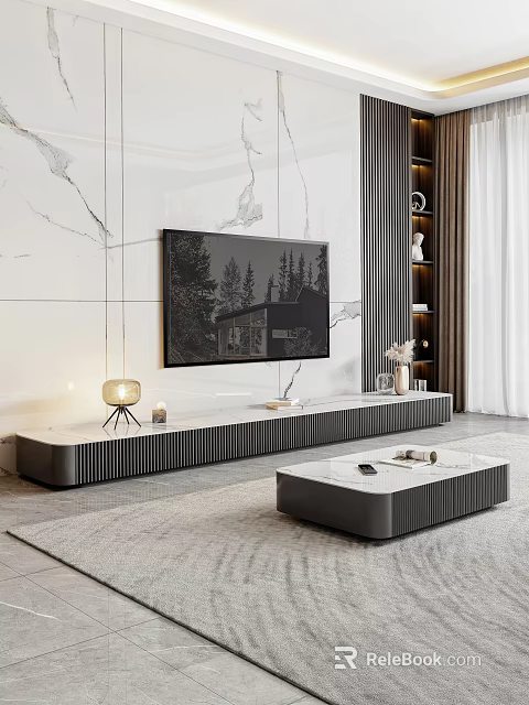 Modern TV Stand Design With Marble Backdrop And Open Shelves In Living Room 3d model 