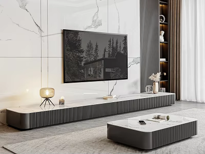 Modern TV Stand Design With Marble Backdrop And Open Shelves In Living Room 3d model