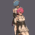 Anime Style Female Characters With Blue And Pink Hair In Maid Outfits Standing And Sitting