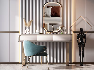 Modern Elegant Dressing Table With Mirror Blue Velvet Chair Gold Legs Vase Statue Striped Wall 3d model