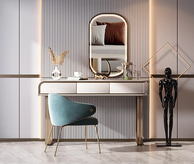 Modern Elegant Dressing Table With Mirror Blue Velvet Chair Gold Legs Vase Statue Striped Wall 3d model