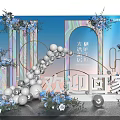 Elegant Blue And White Photo Check-in Spot With Flower Arrangements Balloon Chain And Archway