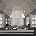 Modern Luxury Sales Office With Curved Wooden Ceiling Sand Table Large Windows Bookshelves And Staircase