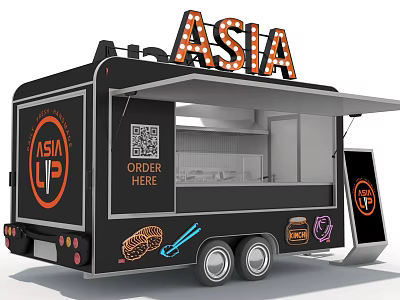 Asia Themed Food Truck With Chicken Menu QR Code And Orange Logo Design 3d model