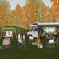 Scenic Camping Site With Autumn Trees String Lights RV Picnic Area Campfire And Swing