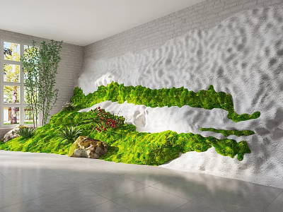 Hill Shaped Indoor Landscape With Green Moss White Brick Wall Stones Tree And Gray Floor 3d model
