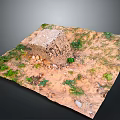 Rough Natural Stone Block on Square Dirt Ground Surrounded by Small Stones and Green Plants