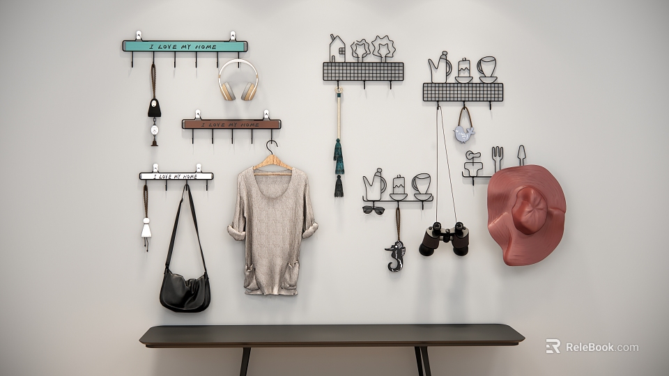 Wall Mounted Hooks for Organizing Hanging Clothes Bag Hat Headphones Mugs and Keys 3d model 