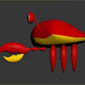 Red Cartoon Crab Character With Yellow Claws On Shiny Black Surface