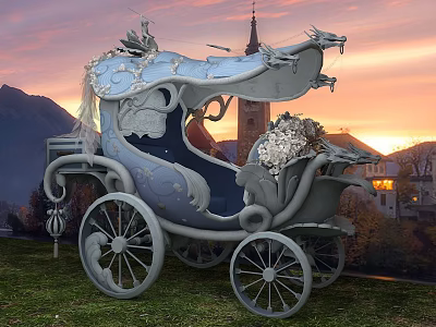 Scenic Photo Spot with Ornate Blue Carriage Sunset Backdrop Mountains Church Spire and Lush Grass 3d model