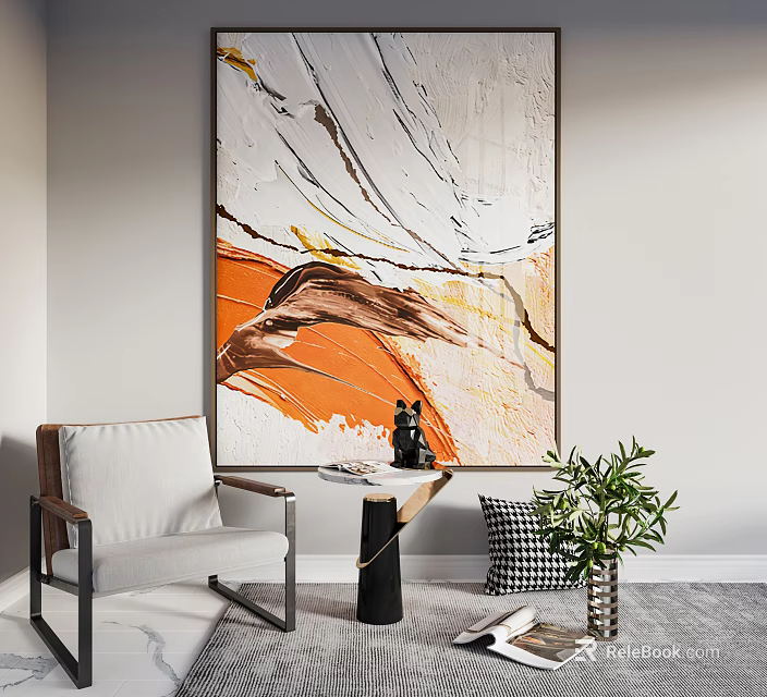 Modern Abstract Painting With Orange Tones In Living Room Corner With Armchair And Green Plant 3d model 