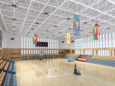 Spacious Basketball Gymnasium With Wooden Court Spectator Seats Hanging Banners And Scoreboard 3d model