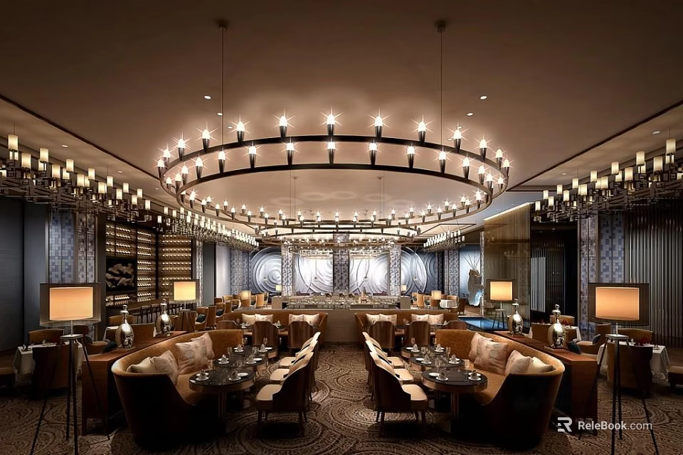 Elegant Café Interior With Chandeliers Comfortable Seating And Stylish Decor 3d model 