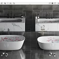 Luxurious Freestanding Bathtub With Rose Petals Against Gray Tiled Walls Marble Countertops And Slippers