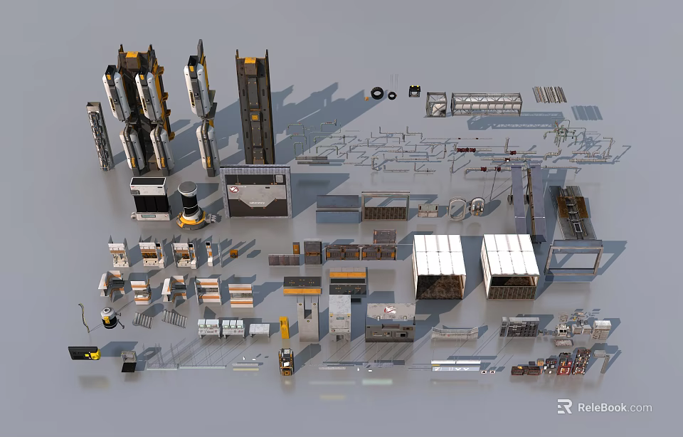 Public Facilities 3D Design Components With Street Lamps Benches Trash Bins And Signage 3d model 