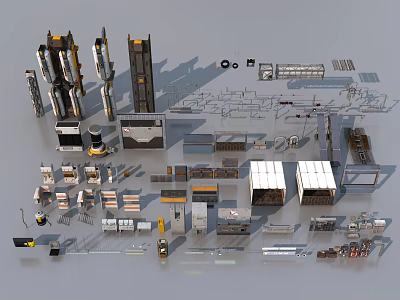 Public Facilities 3D Design Components With Street Lamps Benches Trash Bins And Signage 3d model