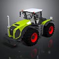 Green And White Tractor With Large Black Tires Red Rims And Cab