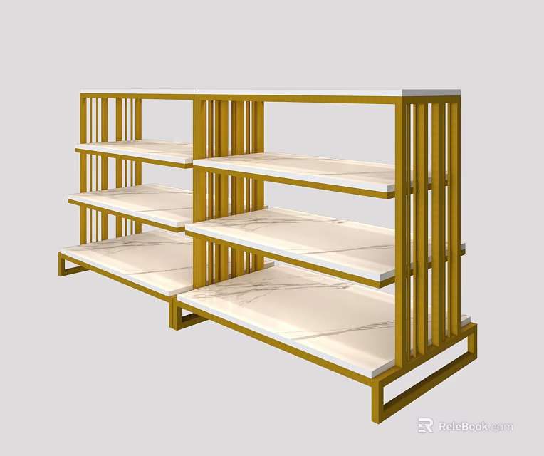 Modern Display Shelf with Golden Metal Frame and White Marble Multi Layer Design 3d model 
