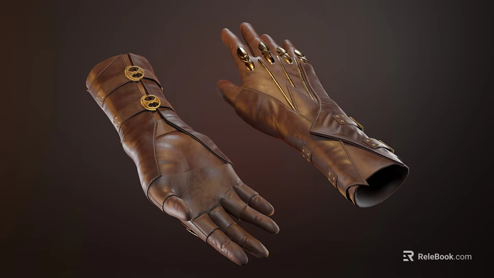 Brown Leather Gloves With Gold Decorations 3d model 