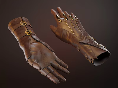 Brown Leather Gloves With Gold Decorations 3d model