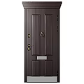Dark Brown Paneled Wooden Door With Brass Handle And Lock Features