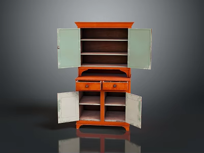 Vintage Wooden Cabinet With Green Doors Drawers And Open Shelves Design 3d model
