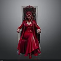 Woman in Elegant Red Dress with Ornate Red Headdress Sitting on Throne Chair