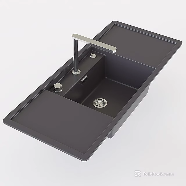 Black Single Bowl Kitchen Sink with Faucet and Integrated Flat Surface 3d model