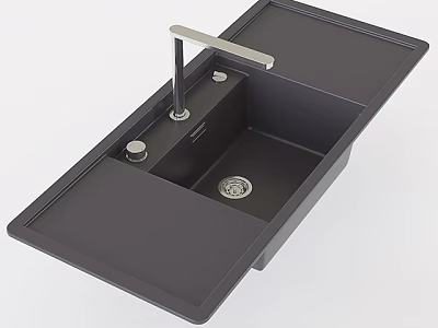 Black Single Bowl Kitchen Sink with Faucet and Integrated Flat Surface 3d model