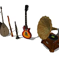 Vintage and Modern Musical Instruments Collection with Violin Mandolin Flute Saxophone and Gramophone