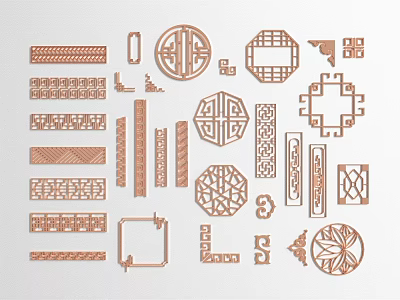 Traditional Ornamental Carved Patterns Featuring Various Shapes and Intricate Designs 3d model