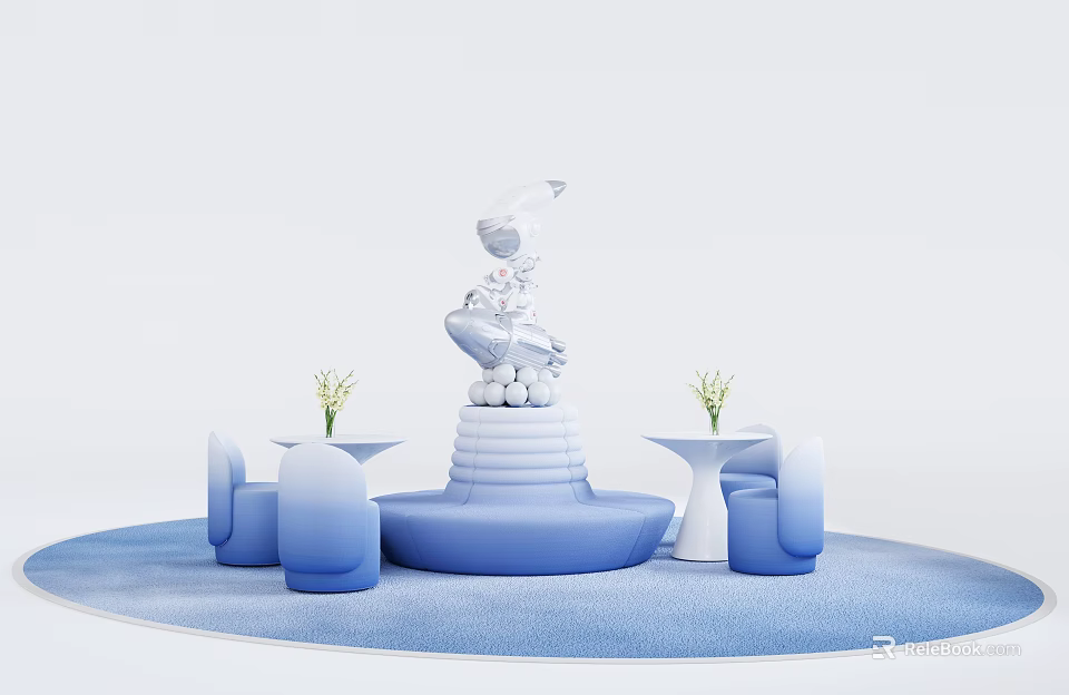Blue Children's Chairs With Small Tables Flowers On Stepped Platform Kids Play Space 3d model 