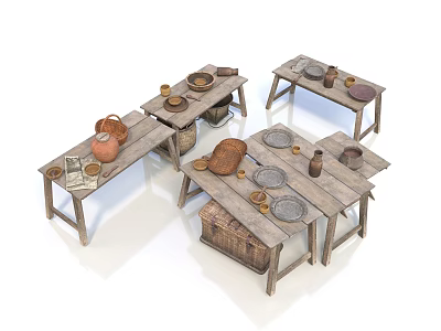Rustic Wooden Dining Table Set With Bench Baskets Plates Jars And Tableware Items 3d model