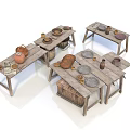 Rustic Wooden Dining Table Set With Bench Baskets Plates Jars And Tableware Items