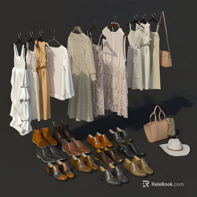 Fashionable Clothes Collection with Hanging Dresses Shirts Shoes Bags and Hat 3d model 