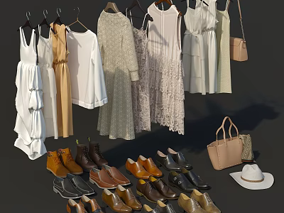 Fashionable Clothes Collection with Hanging Dresses Shirts Shoes Bags and Hat 3d model