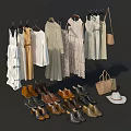 Fashionable Clothes Collection with Hanging Dresses Shirts Shoes Bags and Hat
