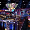 Gorgeous Bar Interior Design With Colorful Lighting Decorative Counter And Intricate Ceiling
