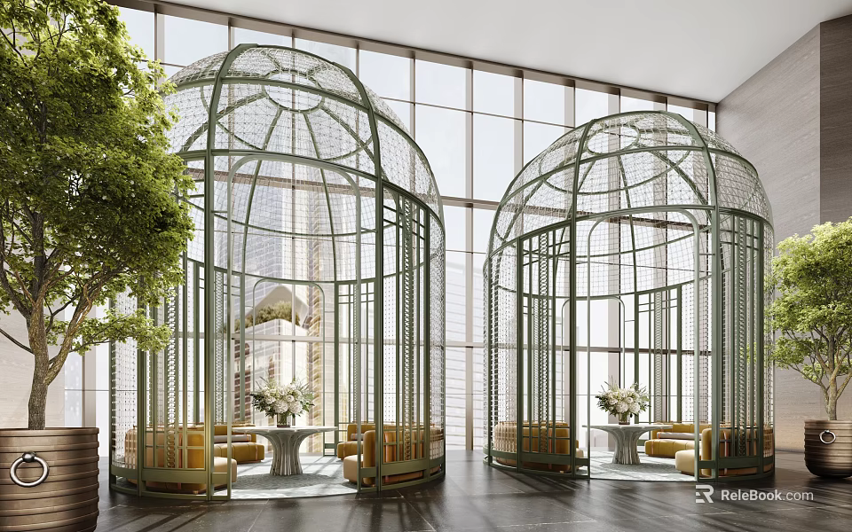 Modern Indoor Landscape Design With Exquisite Birdcage Shaped Pavilions For Luxury Hotel Public Space 3d model 