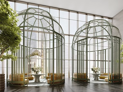 Modern Indoor Landscape Design With Exquisite Birdcage Shaped Pavilions For Luxury Hotel Public Space 3d model