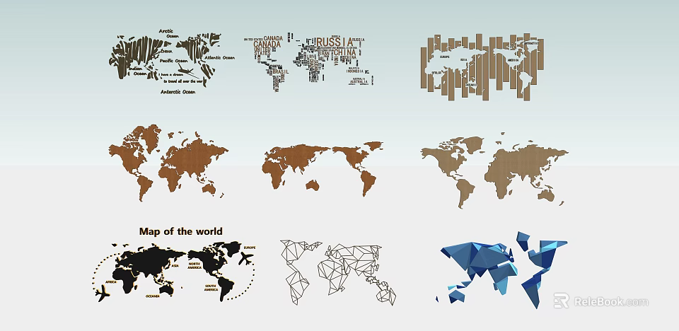 Stylish World Map Wall Decor Featuring Multiple Geometric And Abstract Art Designs 3d model