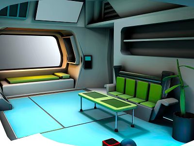 Bright Cartoon Room Interior With Green Sofa Table And Potted Plant 3d model