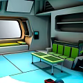 Bright Cartoon Room Interior With Green Sofa Table And Potted Plant