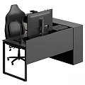 Modern Black Office Desk Setup With Ergonomic Chair And Computer Monitor