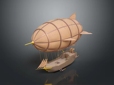 Vintage Brown Airship Model With Wooden Frame Ropes And Hanging Gondola 3d model