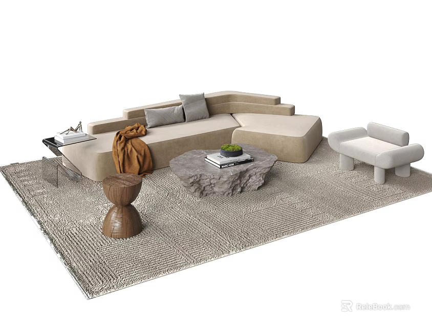 Casual L Shaped Sofa Set With Cushions Armchair Coffee Table And Rug 3d model 